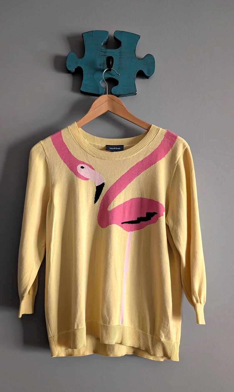 ModCloth Yellow Flamingo Knit Sweater XL Retro Whimsical Intarsia 3/4 Sleeve